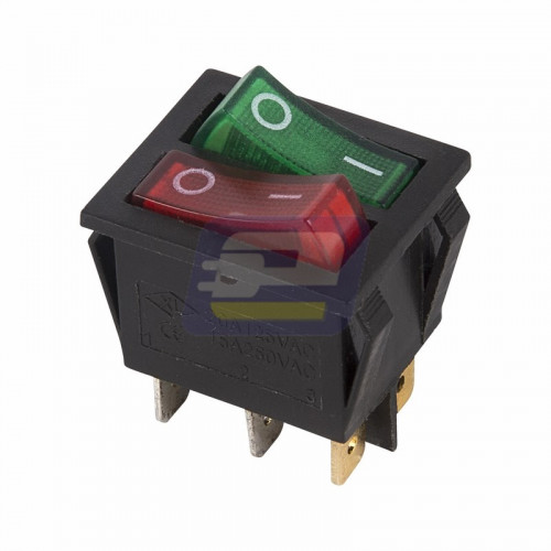 Выключатель кл. 250В 15А (6с) ON-OFF красн/зелен. с подсветкой двойной (RWB-511) 