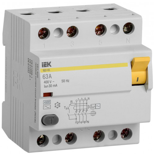 Выключатель диф. тока 4п 63A 30mA тип AC ВД1-63 ИЭК MDV10-4-063-030