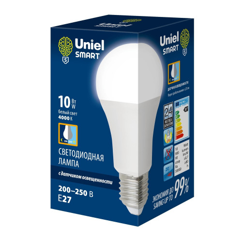 Uniel SMART ЛОН A60 E27 10W(900lm 270°) 4000K 4K датч.освещенности LED-A60-10W/4000K/E27/PS PLS10WH