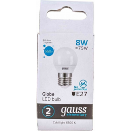 Gauss Elementary Шар G45 E27 8W(560lm) 6500K 6K 83x45 матовая, пластик/алюм. 53238