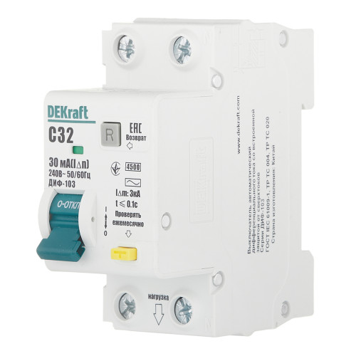 ДИФ 1Р+N 32А 30мА АС 4,5кА С DEKraft ДИФ-103