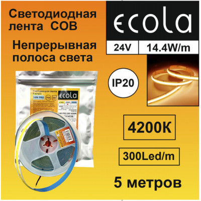 Ecola лента св/д 24V 14W/m COB 330led/m IP20 4200K 4K 1400lm/m 5м 