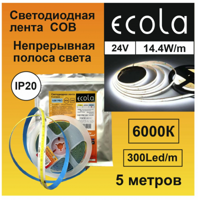 Ecola лента св/д 24V 14W/m COB 330led/m IP20 6000K 6K 1400lm/m 5м интерная P2CD14ESB