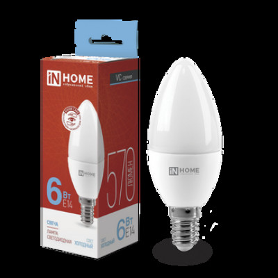 Лампа светодиодная LED-СВЕЧА-VC 6Вт 230В Е14 6500К 570Лм IN HOME (кр. 10шт)