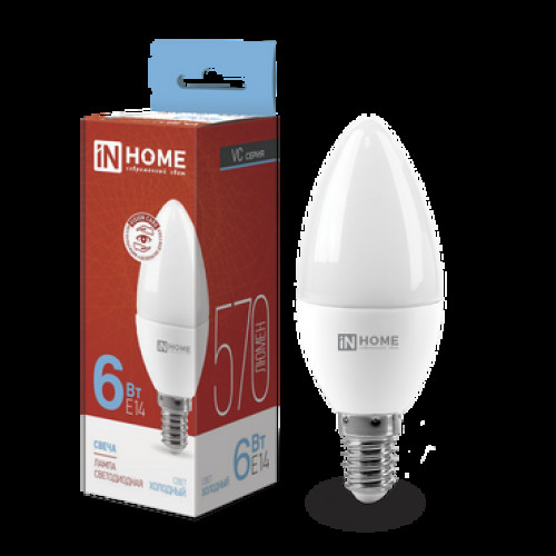 Лампа светодиодная LED-СВЕЧА-VC 6Вт 230В Е14 6500К 570Лм IN HOME (кр. 10шт)