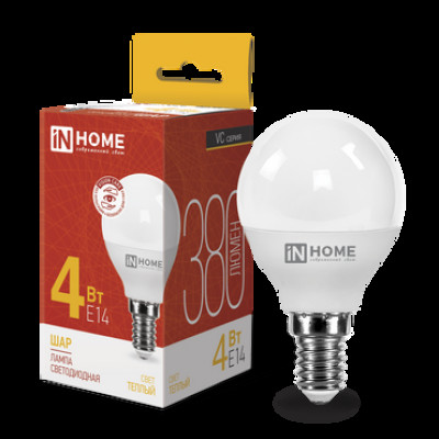 Лампа светодиодная LED-ШАР-VC 4Вт 230В Е14 3000К 380Лм IN HOME (кр. 10шт)