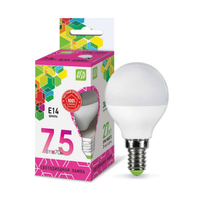 Лампа светодиодная LED-ШАР-standard 7.5Вт 230В Е14 6500К 675Лм ASD (кр.10шт)