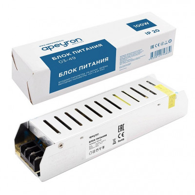 APEYRON Блок питания для св/д лент (слим-металл) 12V 100W IP20 8.3А 185x40x32мм 03-49