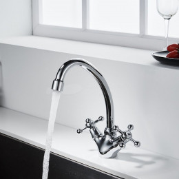 Смеситель DECOROOM DR54028 двуручный  для кухни с высоким повортным изливом