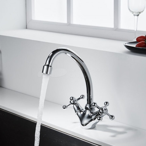 Смеситель DECOROOM DR54028 двуручный  для кухни с высоким повортным изливом